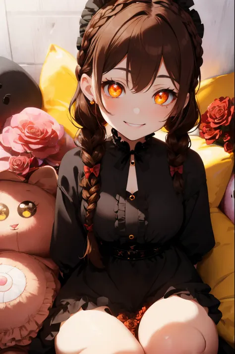 ((Brown hair)),((Braided shorthair)),((With black eyes)),Slight red tide,(gothic loli style costume:1.25),(Head dress:1.2),((Scattered with roses and stuffed animals)),(The entire space turns white, Black, orange, and yellow.),(Big eyes:1.5),(your eyes are...