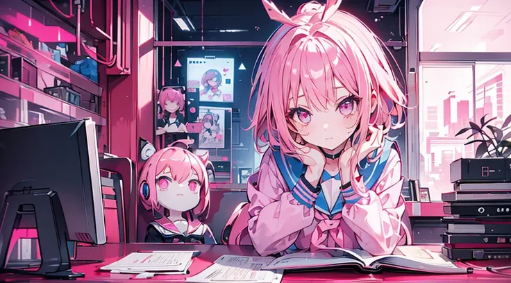 (1 girl, pink hair, pink eyes, sailor suit, headphone, studying), (pink cyberpunk, room with big window, pink neon)