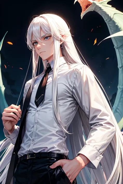 Mafia man, white hair, long rapunzel, clear eyes, small nose, weapons in his hands, with a dragon in the background