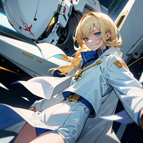 Young blonde anime, aesthetic body, dark blue eyes, with white clothes with blue details, on a spaceship, with golden necklace, fighting aliens, bloodshed, machine gun,