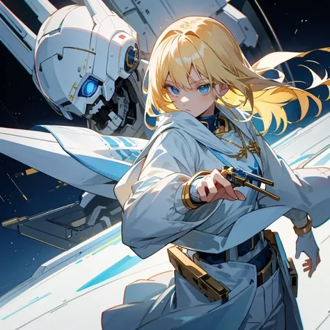 Young blonde anime, aesthetic body, dark blue eyes, with white clothes with blue details, on a spaceship, with golden necklace, fighting aliens, bloodshed, machine gun,