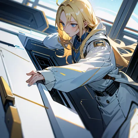 Young blonde anime, aesthetic body, dark blue eyes, with white clothes with blue details, on a spaceship, with golden necklace, fighting aliens, bloodshed, machine gun,