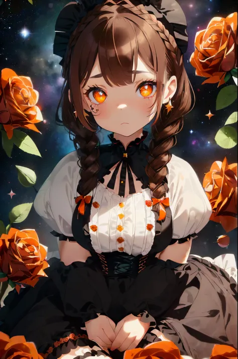 ((Brown hair)),((Braided shorthair)),((With black eyes)),Slight red tide,(gothic loli style costume:1.25),(Head dress:1.2),((Scattered with roses and stuffed animals)),(The entire space turns white, Black, orange, and yellow.),(Big eyes:1.5),(your eyes are...