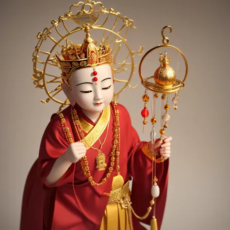 A Tang Monk in China&#39;s Journey to the West，He&#39;s a monk wearing a red cassock，The cassock has square lines on it，Kasaya inlaid with small gems，Wearing a big golden Buddha crown，There are Buddha statues carved in five directions on the crown of the B...