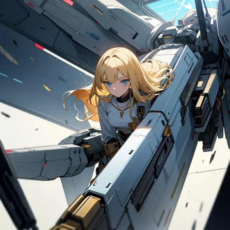 Young blonde anime, aesthetic body, dark blue eyes, with white clothes with blue details, on a spaceship, with golden necklace, fighting aliens, bloodshed, machine gun, mech suit, black aliens, slimy aliens,