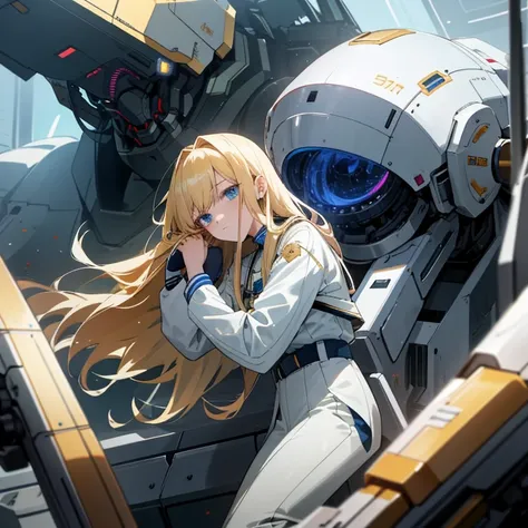 Young blonde anime, aesthetic body, dark blue eyes, with white clothes with blue details, on a spaceship, with golden necklace, fighting aliens, bloodshed, machine gun, mech suit, black aliens, slimy aliens, scowl, dark ominous vibe,