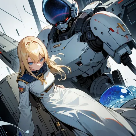 Young blonde anime, aesthetic body, dark blue eyes, with white clothes with blue details, on a spaceship, with golden necklace, fighting aliens, bloodshed, machine gun, mech suit, black aliens, slimy aliens, scowl, dark ominous vibe,