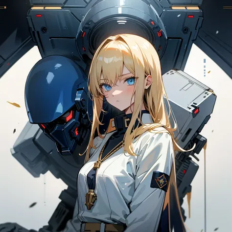 Young blonde anime, aesthetic body, dark blue eyes, with white clothes with blue details, on a spaceship, with golden necklace, fighting aliens, bloodshed, machine gun, mech suit, black aliens, slimy aliens, scowl, dark ominous vibe,