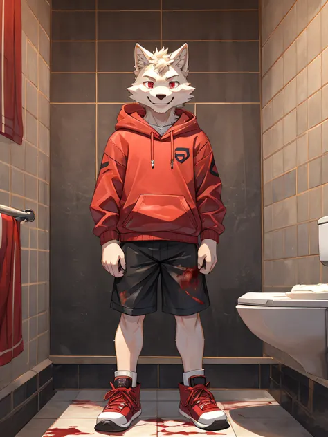 furry,bara,Shota,white fur wolf,Crimson eyes,Wearing a pink hoodie..,black shorts,fashion shoes,Standing in a bathroom covered in blood stains,He stood and licked the knife that had blood stains on it..,straight-looking at viewer,There are blood stains all...