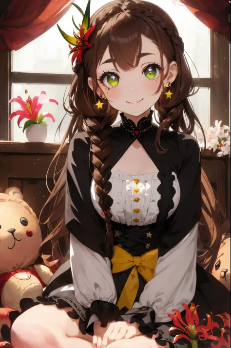 ((Brown hair)),((Braided shorthair)),((With black eyes)),Slight red tide,(gothic loli style costume:1.25),(Head dress:1.2),((Scattered with lily flowers and stuffed animals)),(The entire space is white, black, green, and yellow.),(Big eyes:1.5),(your eyes ...