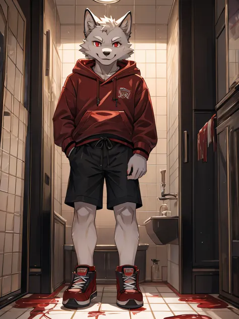 furry,bara,Shota,white fur wolf,Crimson eyes,Wearing a pink hoodie..,black shorts,fashion shoes,Standing in a bathroom covered in blood stains,He stood and licked the knife that had blood stains on it..,straight-looking at viewer,There are blood stains all...