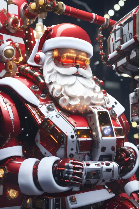 robot santa, futuristic mechanical design，combining elements of traditional santa claus with advanced technology. the robot may ...