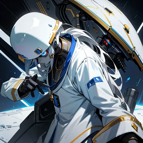 Young  anime, aesthetic body, dark blue eyes, with white clothes with blue details, on a spaceship, with golden necklace, fighting aliens, bloodshed, machine gun, mech suit, black aliens, slimy aliens, scowl, dark ominous vibe,