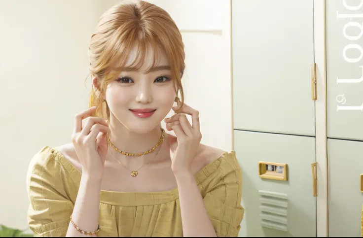 Mujer rubia con un vestido amarillo posando para una foto frente a los casilleros., Heonhwa Choe, Jinyoung Shin, Lalisa Manobal, Jaeyeon Nam, Sakimichan, sonrisa encantadora, Parque Roseanne de Blackpink, Linda actriz coreana, coy smile, sonrisa encantador...