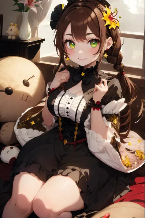 ((Brown hair)),((Braided shorthair)),((With black eyes)),Slight red tide,(gothic loli style costume:1.25),(Head dress:1.2),((Scattered with lily flowers and stuffed animals)),(The entire space turns white, Black, Green, and yellow.),(Big eyes:1.5),(your ey...