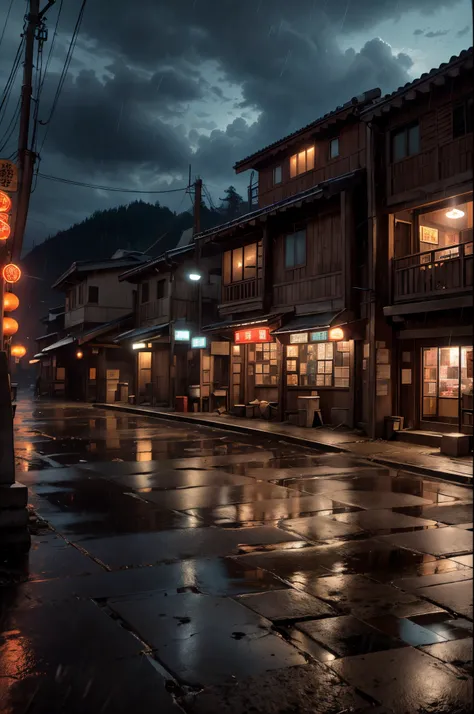 Feder village view,a lot of lights on the buildings,A dreamy Chinese town built on the mountain,China Village,Stunning wallpapers,Japanese mountain town,Japan Village,surreal photo of a small town,old asian village,(The distant sky covered with dark cloud...
