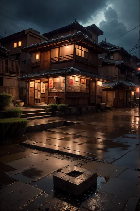 Feder village view，a lot of lights on the buildings，A dreamy Chinese town built on the mountain，China Village，Stunning wallpapers，Japanese mountain town，Japan Village，surreal photo of a small town，old asian village，(The distant sky  covered with dark cloud...