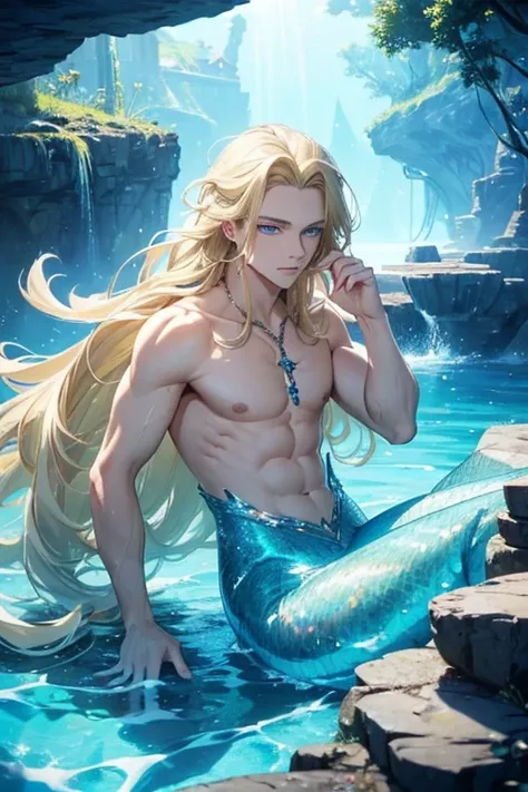 ((best quality)), ((masterpiece)), ( Merman blue eyes, blonde long hair ), under the sea landscape view, fighting dragon