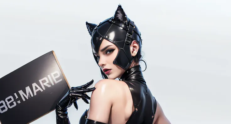 bare back woman, wearing the black leather jacket, has attractive curves, holding a sign, and wearing a catwoman mask..., cat wo...