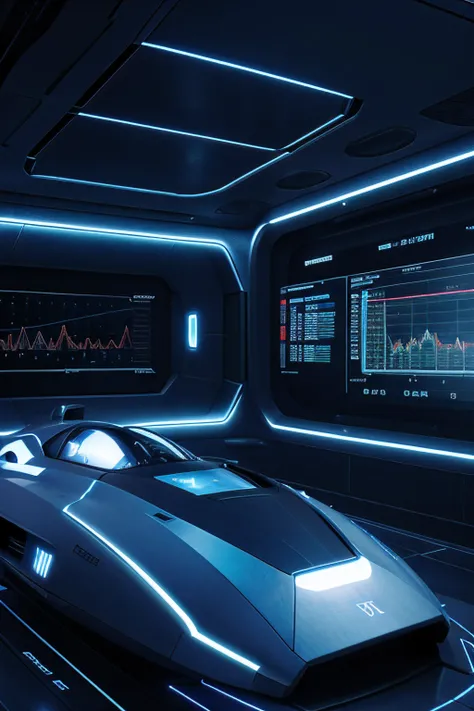 futuristic spaceship screen under angle, screen displays graphs and sophisticated charts, blue color indication