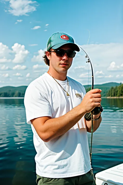 Pale White North American Male, Fishing, Trophy Photo, sunglasses, f/1.2, textured skin, high quality