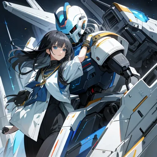 Young anime, aesthetic body, dark blue eyes, black hair, hair like night, eyes like the ocean, with white clothes with blue details, on a spaceship, with golden necklace, fighting robot, mech suit, scowl, dark ominous vibe, evil mech, robot, lustful look o...