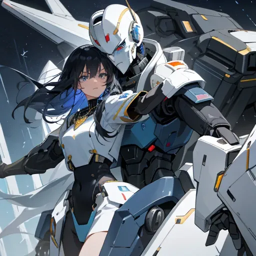 Young anime, aesthetic body, dark blue eyes, black hair, hair like night, eyes like the ocean, with white clothes with blue details, on a spaceship, with golden necklace, fighting robot, mech suit, scowl, dark ominous vibe, evil mech, robot, lustful look o...