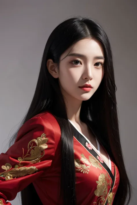 a girl with long hair, red and black hair, looking forward, beautiful face, masterpiece, best quality, asian clothing, korean girl, black eyes, masterpiece, portrait.