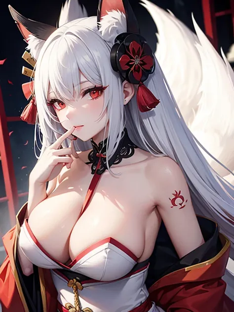 Kitsune, Retrato de Onmyoji, Chica de anime demonio, Deidad de pelo blanco, Arte de cuerpo completo, con ojos rojos, tatuajes en el pecho,cuerpo sexy,best_quality,Sexy Big Breast,erotic pose