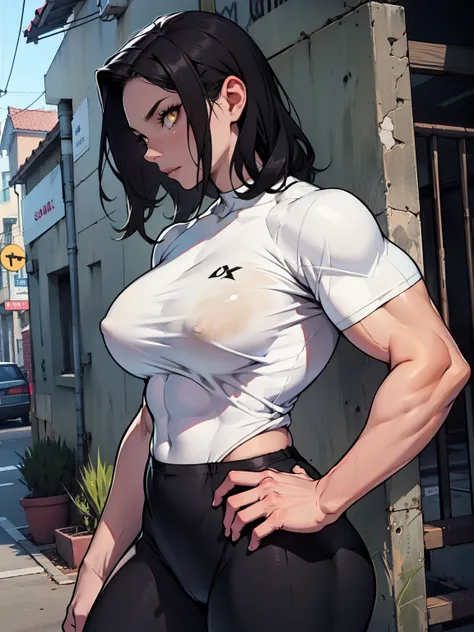 (1 girl muscular) black hair yellow eyes large breasts pale skin tight shirt