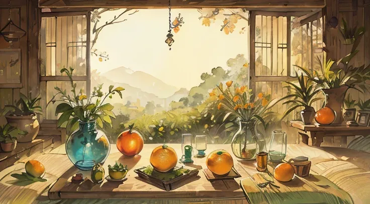 lemons、lime、herbaceous plant、vases、glass、Glaslor petals、antiquarian、an orange、