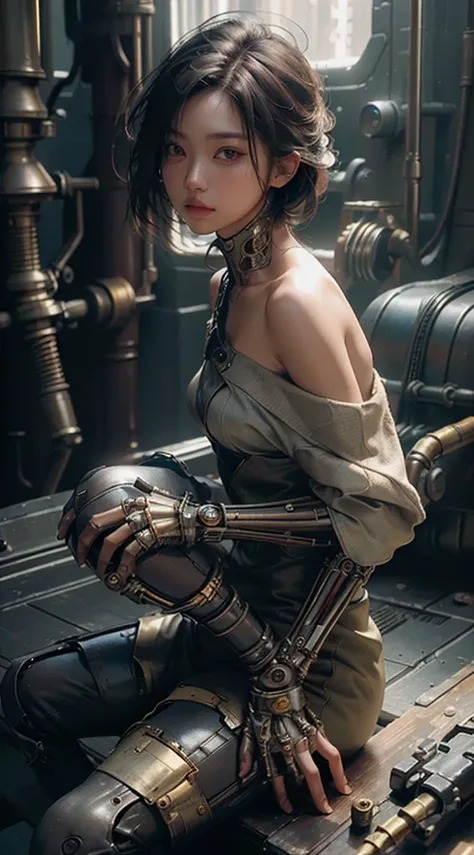 Best quality, masterpiece, ultra high res, (photorealistic:1.4), RAW Photography, 1 girl, off shoulder, cinematic lighting, Malay Girl, mechanical arms, mechanical body, mechanical face, sit in ledge, machinery background, Dynamic Pose