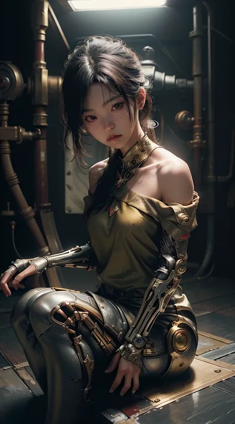 Best quality, masterpiece, ultra high res, (photorealistic:1.4), RAW Photography, 1 girl, off shoulder, cinematic lighting, Malay Girl, mechanical arms, mechanical body, mechanical face, sit in ledge, machinery background, Dynamic Pose