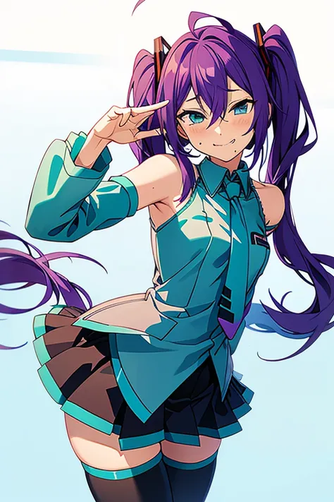 long hair, mole under mouth, purple hair, twintails, hair between eyes, aqua eyes, sharp teeth, ahoge, femboy, blush, smile, cowboy shot, necktie, Hatsune Miku, bare shoulders, detached sleeves, skirt, thighhighs