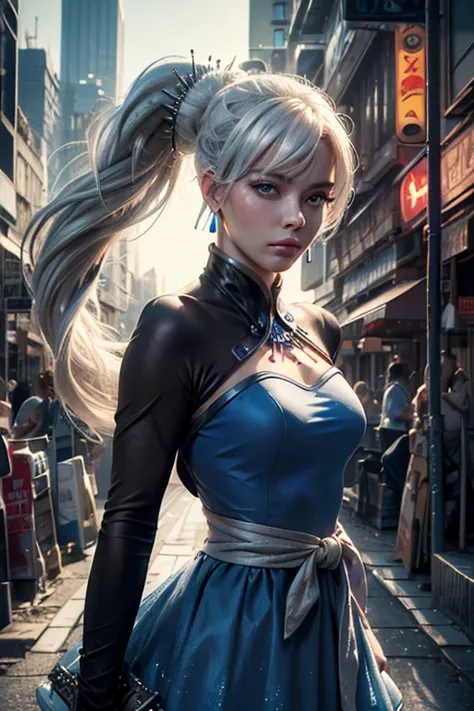 (masterpiece, best quality:1.2), cowboy shot, solo, 1girl, weissmistral, expressionless, closed mouth, looking at viewer, long white hair, side ponytail, blue dress, long sleeves, jewelry, earrings, cyberpunk city background