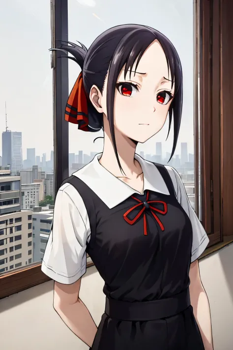 kaguyashinomiya, kaguya shinomiya, folded ponytail, forehead, hair ribbon, (red eyes:1.5), red ribbon, ribbon, short hair, sidel...