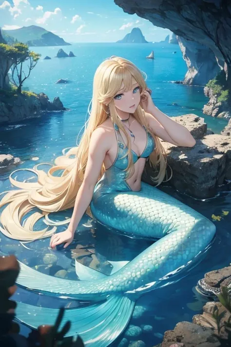 ((best quality)), ((masterpiece)), ( Merman blue eyes, blonde long hair ), under the sea landscape view, fighting dragon