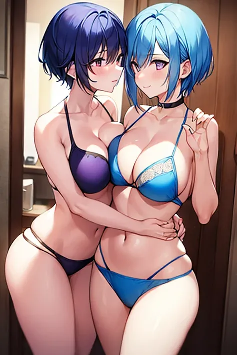 2girls, blue hair, very short hair, short hair, large breasts, wide hips, thick thighs, breasts, yuri, kiss, french kiss, kissing, purple eyes, smile, bikini, blue bikini, twins, sisters