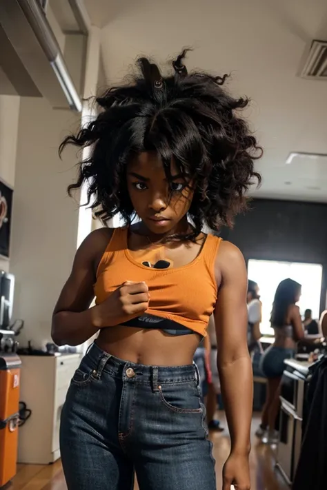 hotpants jeans, black girl, darkskin girl, brown kid, hair till shoulder, hair like goku, dragon ball, goku, vegeta, anime, cartoon, black kid, young, big hair, Super Saiyan hair, hair like Super Saiyan 2, loading power, fighting stand, looking at the scre...