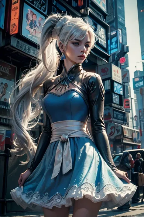 (masterpiece, best quality:1.2), cowboy shot, solo, 1girl, weissmistral, expressionless, closed mouth, looking at viewer, long white hair, side ponytail, blue dress, long sleeves, jewelry, earrings, cyberpunk city background