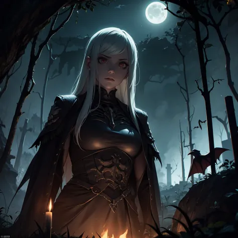 necromancer girl in grave,illustration,gloomy atmosphere,ancient tomb,overgrown with ivy,creepy undead creatures,bat-filled sky,full moon,decaying skeleton,crimson candlelight,bone-chilling shadows,[haunting],(best quality,4k,8k,highres,masterpiece:1.2),ul...