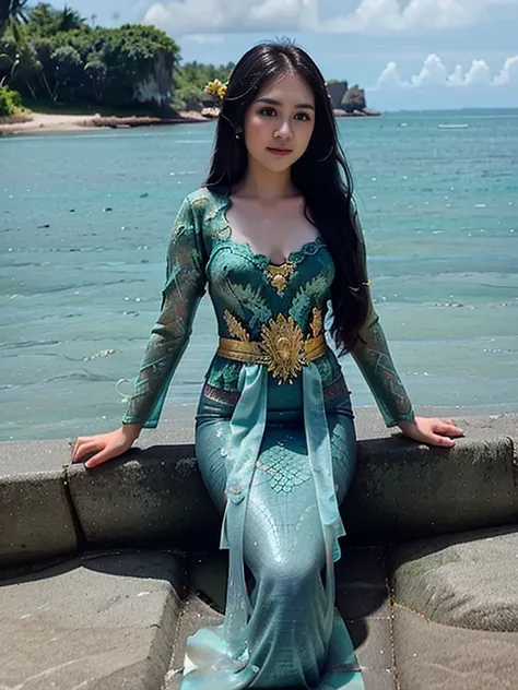 mermaid wear kebaya, mermaid, kebaya, 1girl, long hair, black hair, black eyes, sea, mermaid tail, sea,