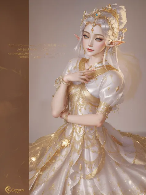 One is wearing a skirt、woman wearing headscarf, rococo queen, gilded lotus princess, ((A beautiful fantasy queen articulated doll, beautiful and elegant elf queen, royal elegant pose, elegant gold skin, Ethereal gold and silver tones, A masterpiece by Guwi...