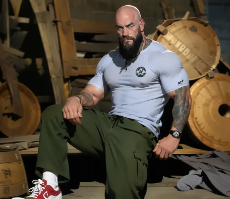 character sheet, dilf, beard, bald, lean body, tattoos, skater, early 40s, wrist watch, white socks, converse sneakers, loose cargo pants, hunter green shirt