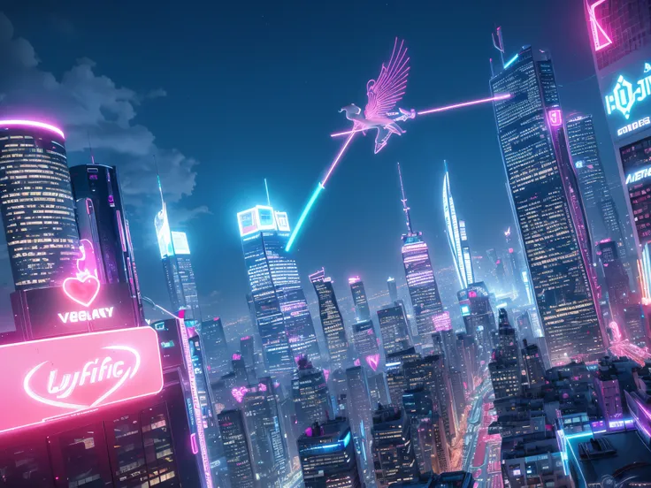 Illuminate a futuristic cityscape with neon lights where 3D hearts and roses pulse to the rhythm of urban life, with Cupid soaring overhead amid fractal skyscrapers.