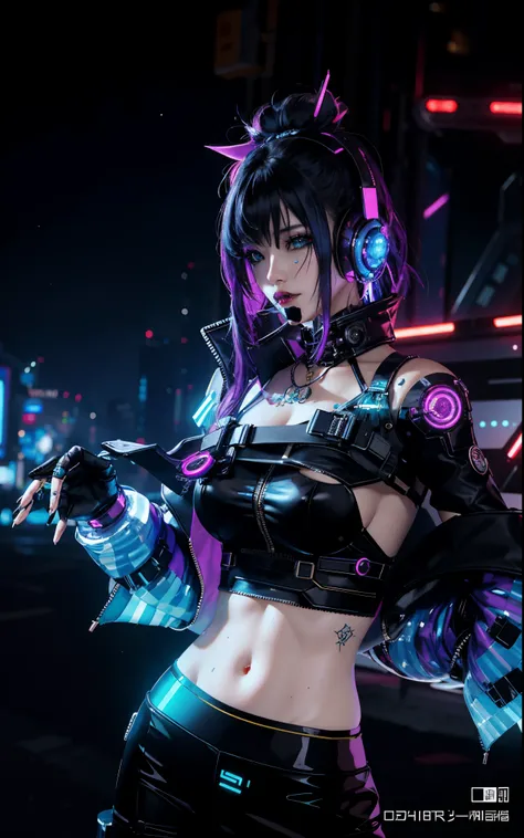 exquisite facial features，one in costume、a close up of a person with a headphones on, cyber universe style, cyber punk setting, unreal-engine : : carnival makeup, Ultra goth, dreamy cyberpunk girl, wearing cyberpunk streetwear, cyberpunk horror style, brig...