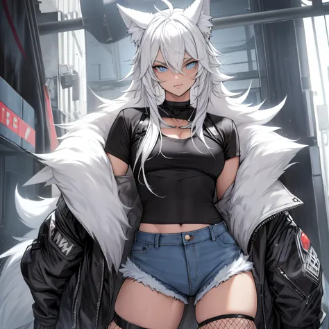 single boy, anime femboy, short, long white hair, wolf ears, wolf tail, blue eyes, wearing short denim shorts, thigh high fishne...