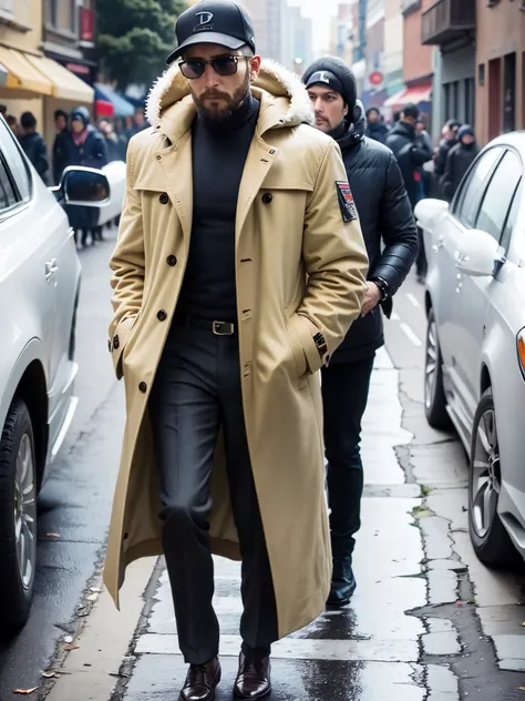 man in coat and sunglasses walking down a street, high fashion male appeal, wearing animal fur clothes, jaguar, high quality fas...