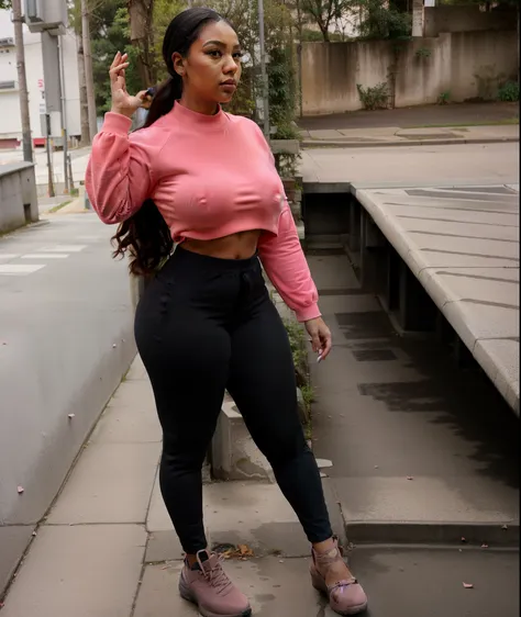 a woman in a pink top and grey pants standing on a sidewalk, skinny waist and thick hips, wide hips, wearing tight  clothes, thicc, tight outfit, thick body, beautiful thick female, nicki minaj curvy, thick thighs, she has a jiggly fat round belly, thick, ...