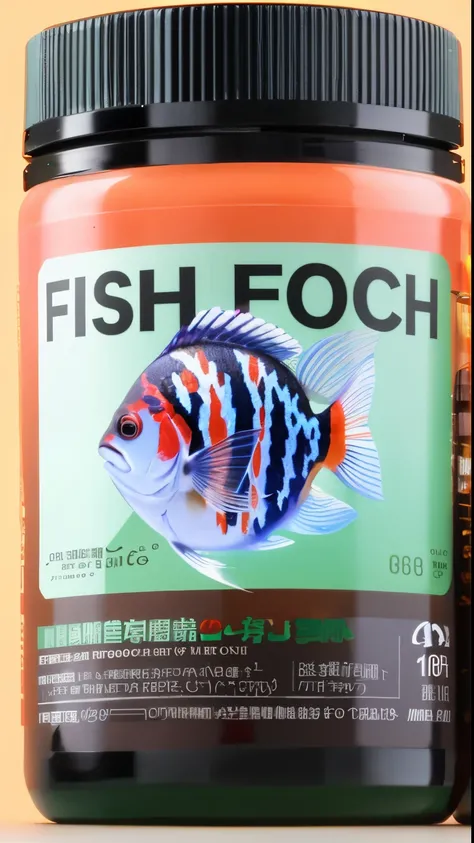 A packaging design for fish feed，illustration fish，Red-orange color scheme，Black jar with label，green color，Fish illustration，Rich colors，真实感，Full-HD.1080P,2K,4K,8K，closeup cleavage，3D，OC rendering，Volumetriclighting，Strong sense of three-dimensionality，De...